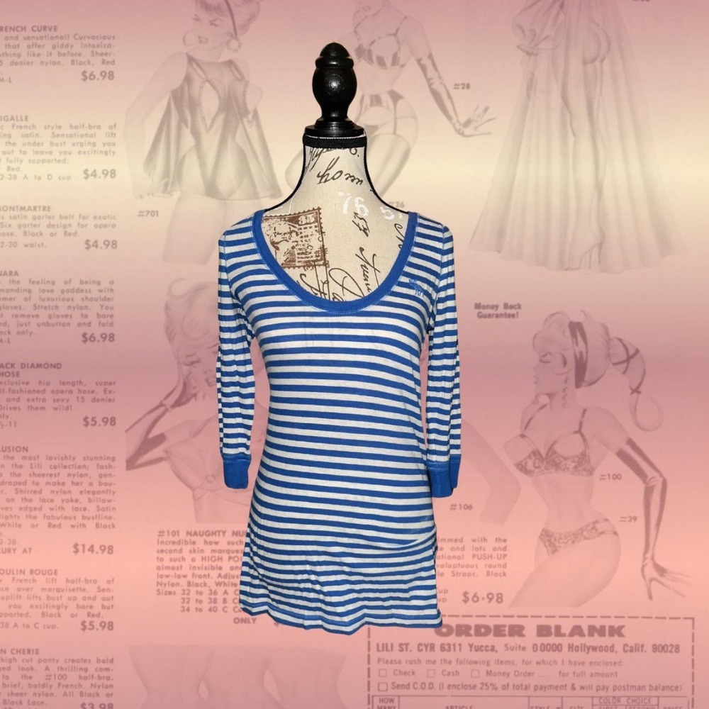 Abercrombie & Fitch Striped 3/4 Sleeve Top Women's Nautical Blue White